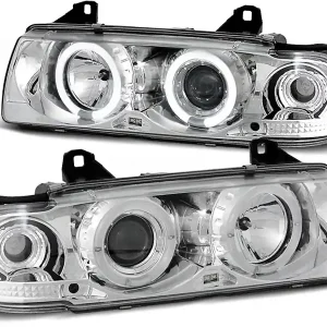 BMW E36 90-99 SEDAN, KOMBI, COMPACT - přední chrom světla s ANGEL EYES Víkendová Akce