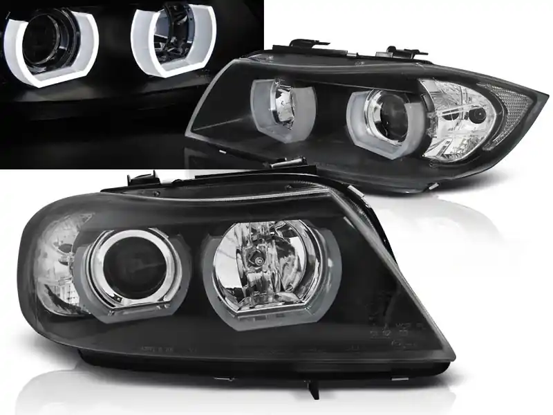 Ověřený BMW E90/E91 05-08 - přední černá světla s ANGEL EYES 3D pro xenon