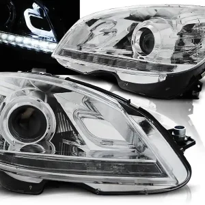 MERCEDES W204 07-10 - přední chrom světla s LED denním svícením Rychlé Dodání