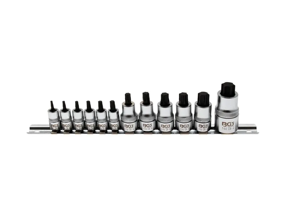 Vrácení Zdarma Zástrčné hlavice TORX 1/4", 3/8" a 1/2", T8- T60, extra krátké, sada 12 dílů - BGS 5098