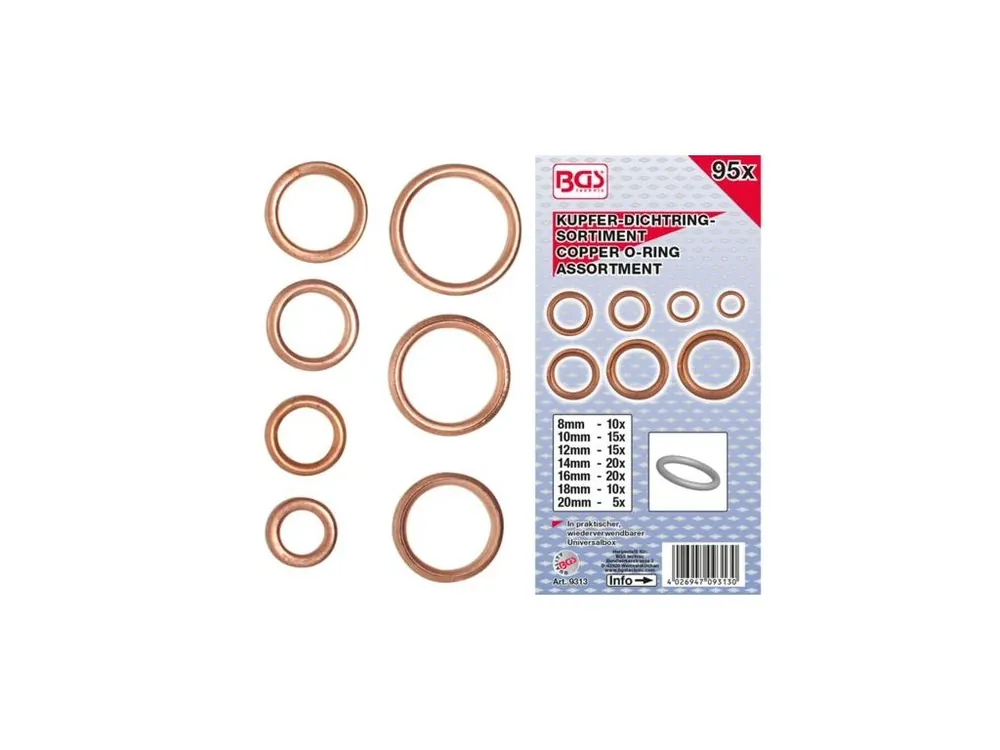 Aktuální BGS Technic BGS 9313 Těsnicí měděné O-kroužky pr. 6,0 ÷ 20,0 mm (Sada 95 dílů)