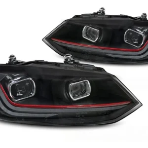 Ihned K Objednání Přední světla VW POLO V 6R 09-17 černá/červený pruh LED SEQ DRL