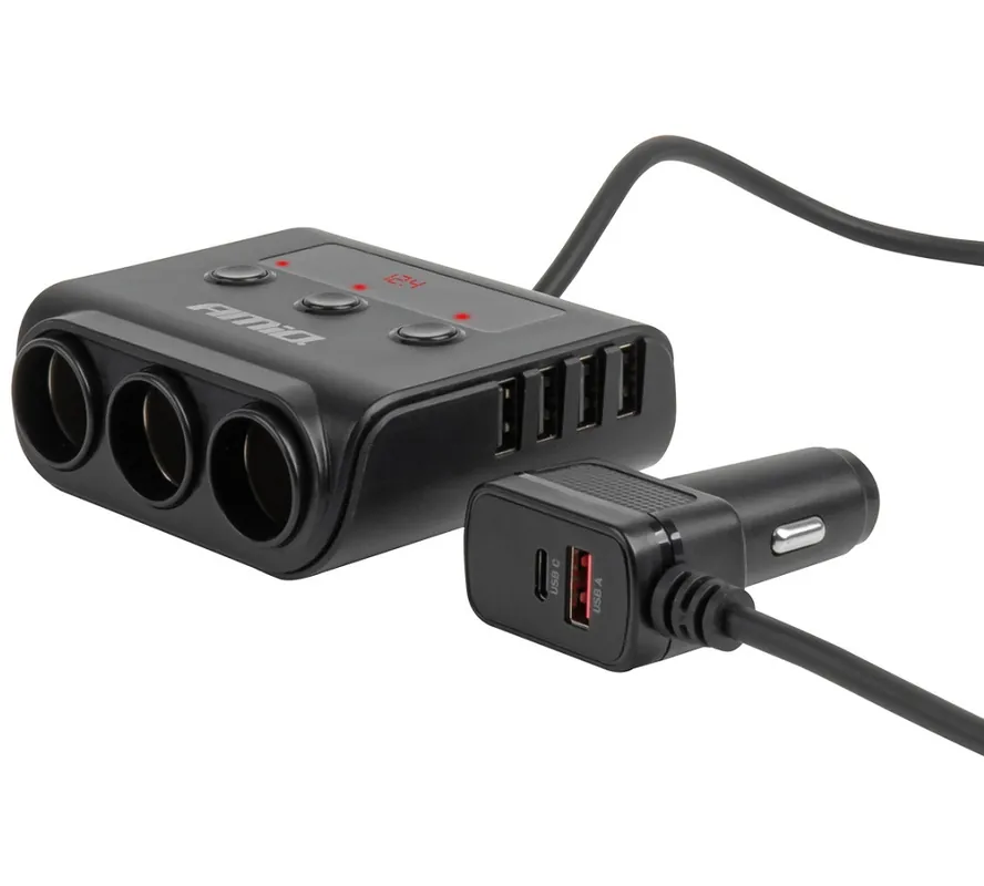 Nejlepší Volba Rozbočovač do auta se 3 zásuvkami + 4× USB-A QC 3.0 / PD 3.0 180W AMIO