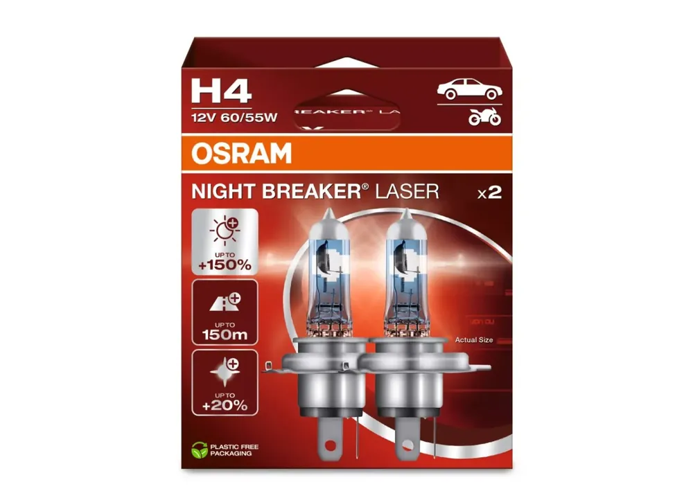 Značkový OSRAM NIGHT BREAKER LASER autožárovky H4 - o 150% více světla, 2 ks v balení